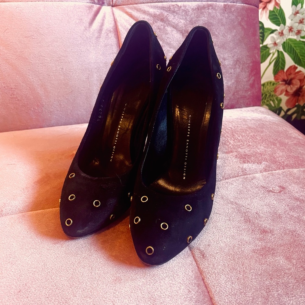 Guiseppe Zanotti Black Suede Pumps with Gold Rivets